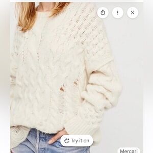 Free People Cream Distressed Cable-Knit Crew Sweater NWOT Size S